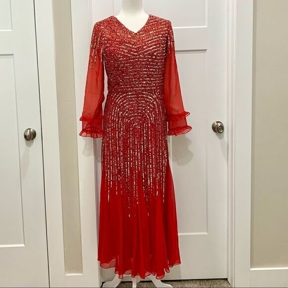 Vintage Red long-sleeve  beaded and sequined chiffon evening dress - Picture 1 of 14
